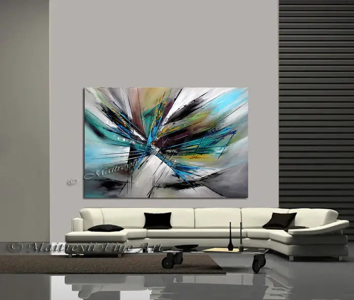 Large Modern Art wall painting on canvas depicting abstract colors and shapes above a contemporary sofa.