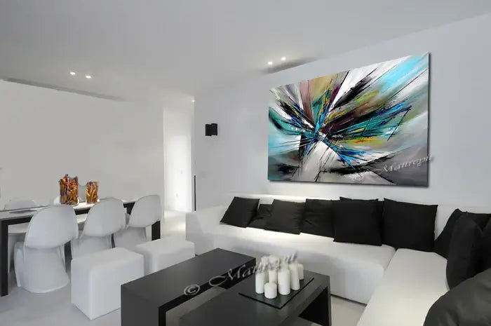 Large Modern Art wall painting displayed in a modern living room featuring bold colors and dynamic abstract design.