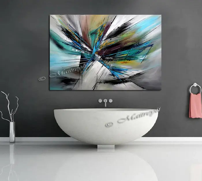 Large Modern Art wall painting by Maitreyii featuring bold colors and abstract shapes in a contemporary bathroom setting.