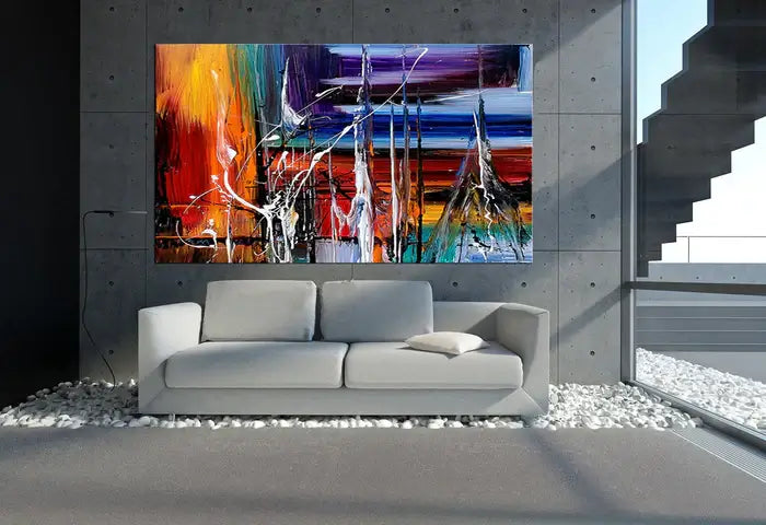 Wall Art Paintings showcasing modern abstract canvas art in a stylish living room décor.