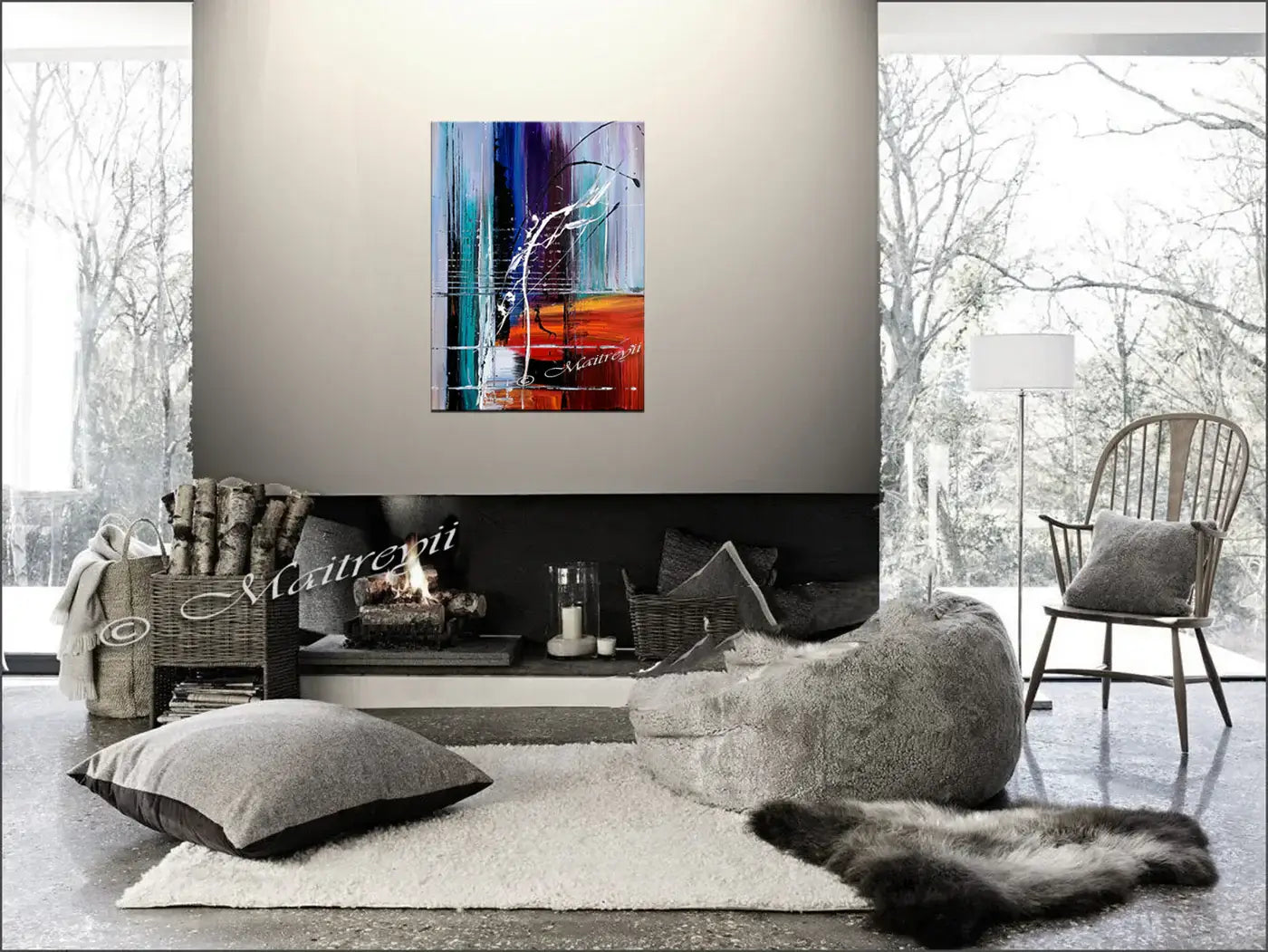 Multicoloured Modern Art showcased in a stylish living room, enhancing interior decor with vibrant colors and textures.