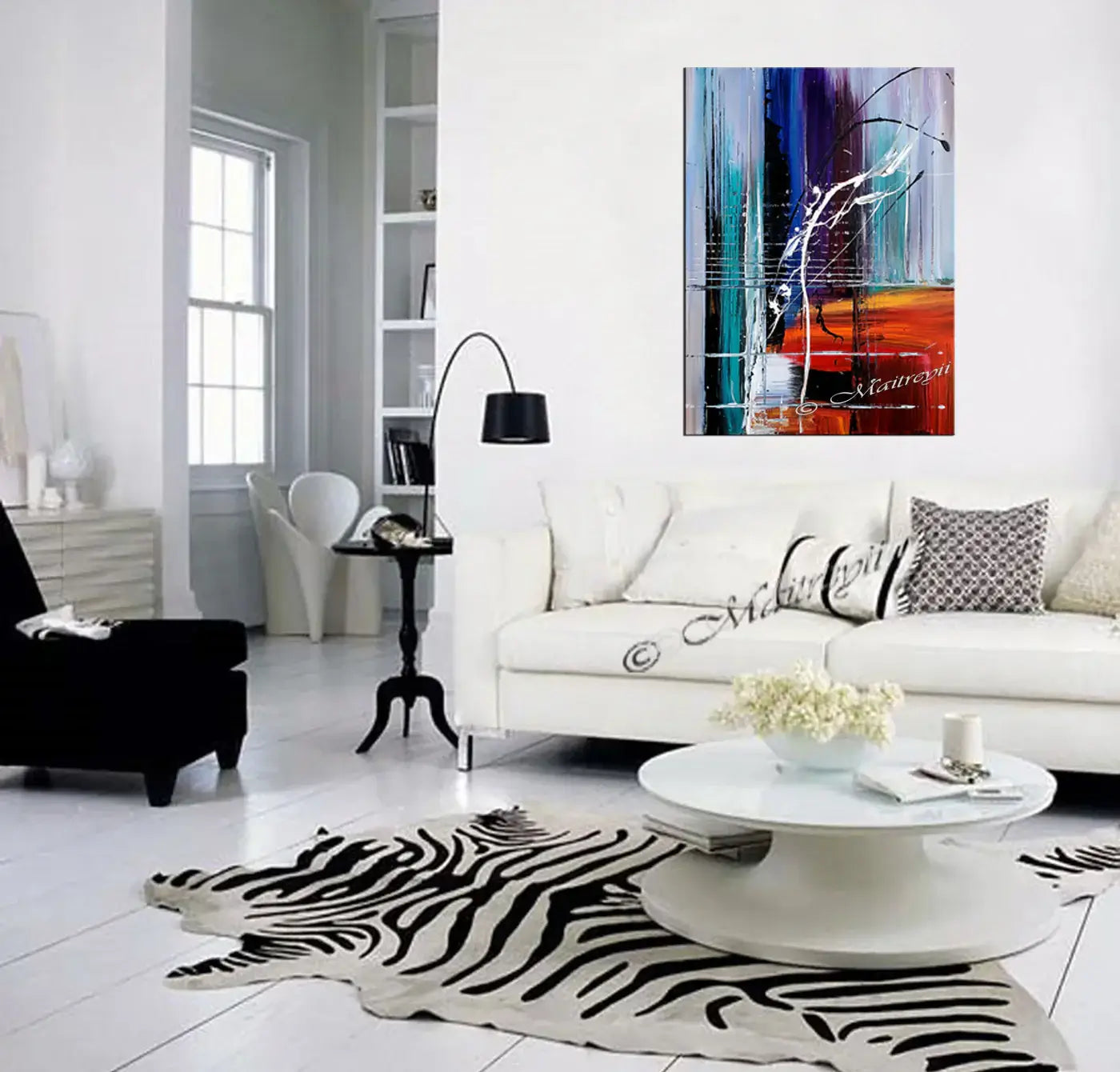 Multicoloured Modern Art showcased in a stylish living room setting, enhancing contemporary home decor.
