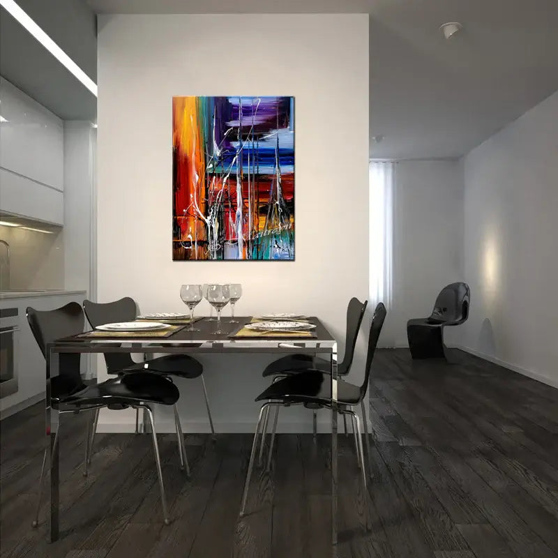 Wall Art Paintings displayed in a modern dining area, enhancing the interior with vibrant colors and contemporary style.