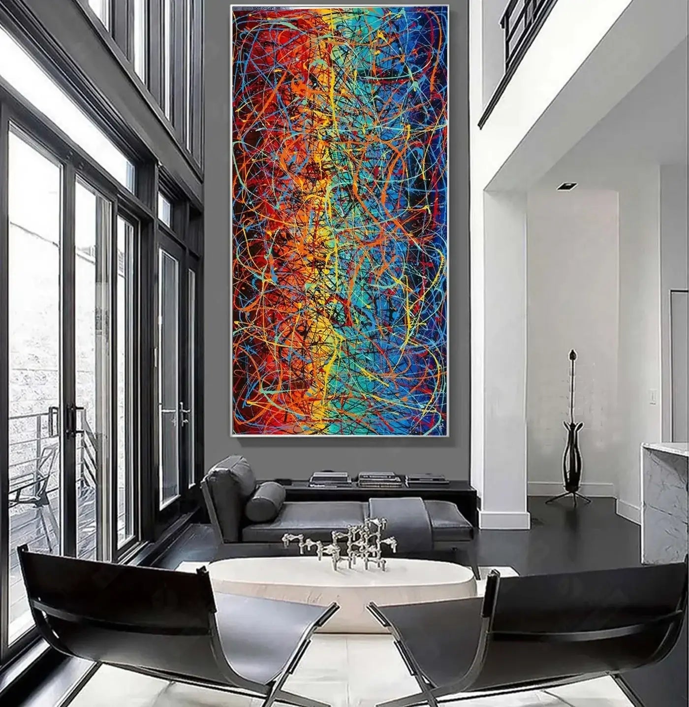 Luxury art for living room featuring an oversized abstract painting with vibrant colors and textures.