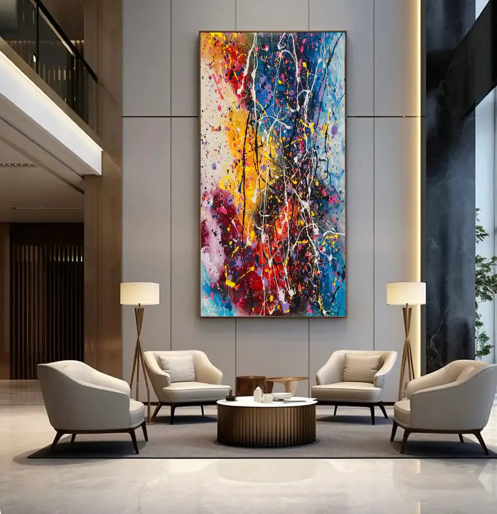 Amazing Abstract Paintings showcased in a modern living room with stylish seating and decor.