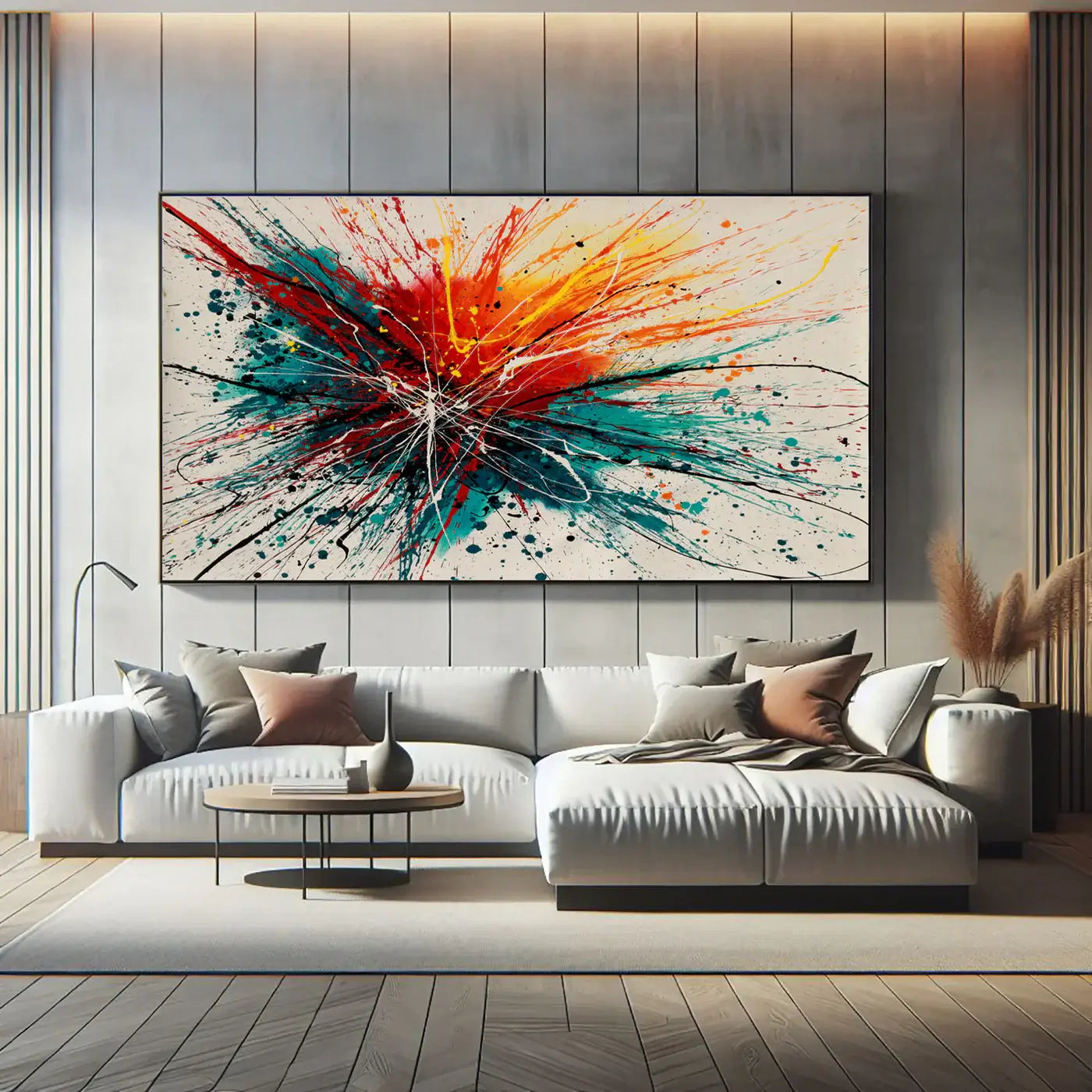 Dynamic Composition artwork displayed in a modern living room, showcasing bold colors and energetic textures.