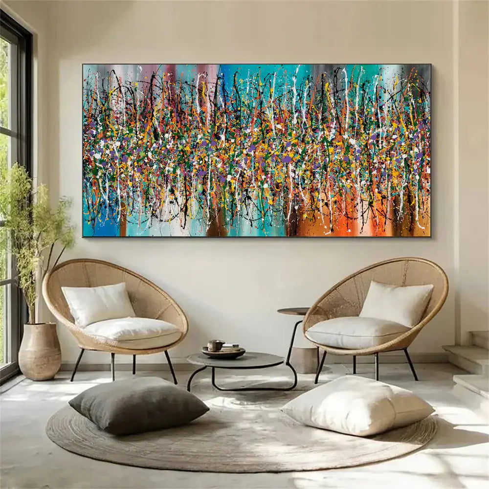Contemporary Abstract Drip Painting displayed in a modern living room with stylish furniture and vibrant colors.
