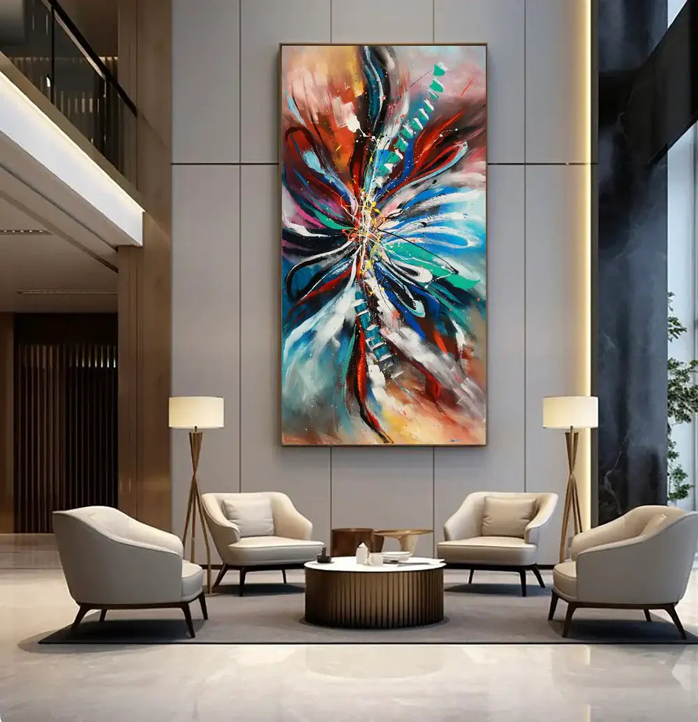 Large Modern Art Oil Painting displayed in a modern living room, featuring bold colors and contemporary style.