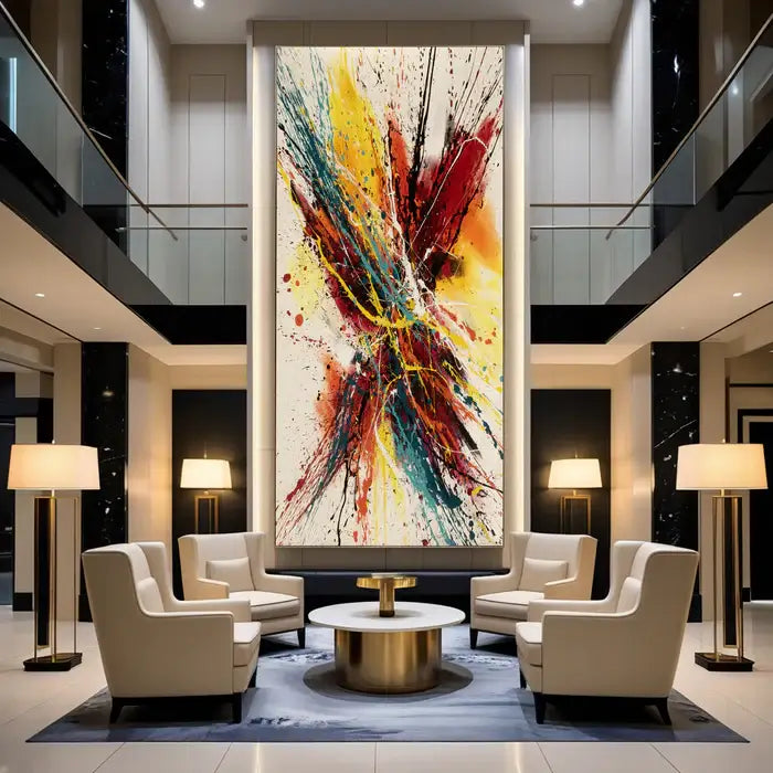 Abstract canvas painting in a modern lobby, featuring bold colors and dynamic design, enhancing contemporary home decor.