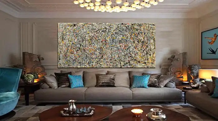 Modern abstract art canvas in a stylish living room setting, enhancing decor with vibrant colors and textures.