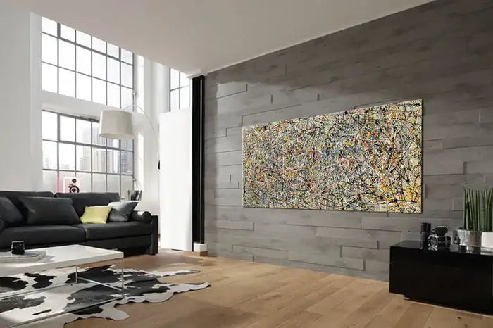 Abstract art canvas in modern office setting, vibrant colors on wall, enhancing creativity and professional decor.