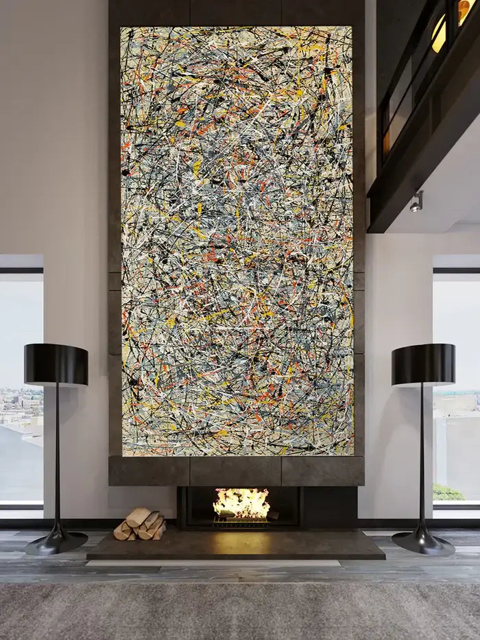 Large abstract painting on wall above modern fireplace, adding color and creativity to the contemporary office space.