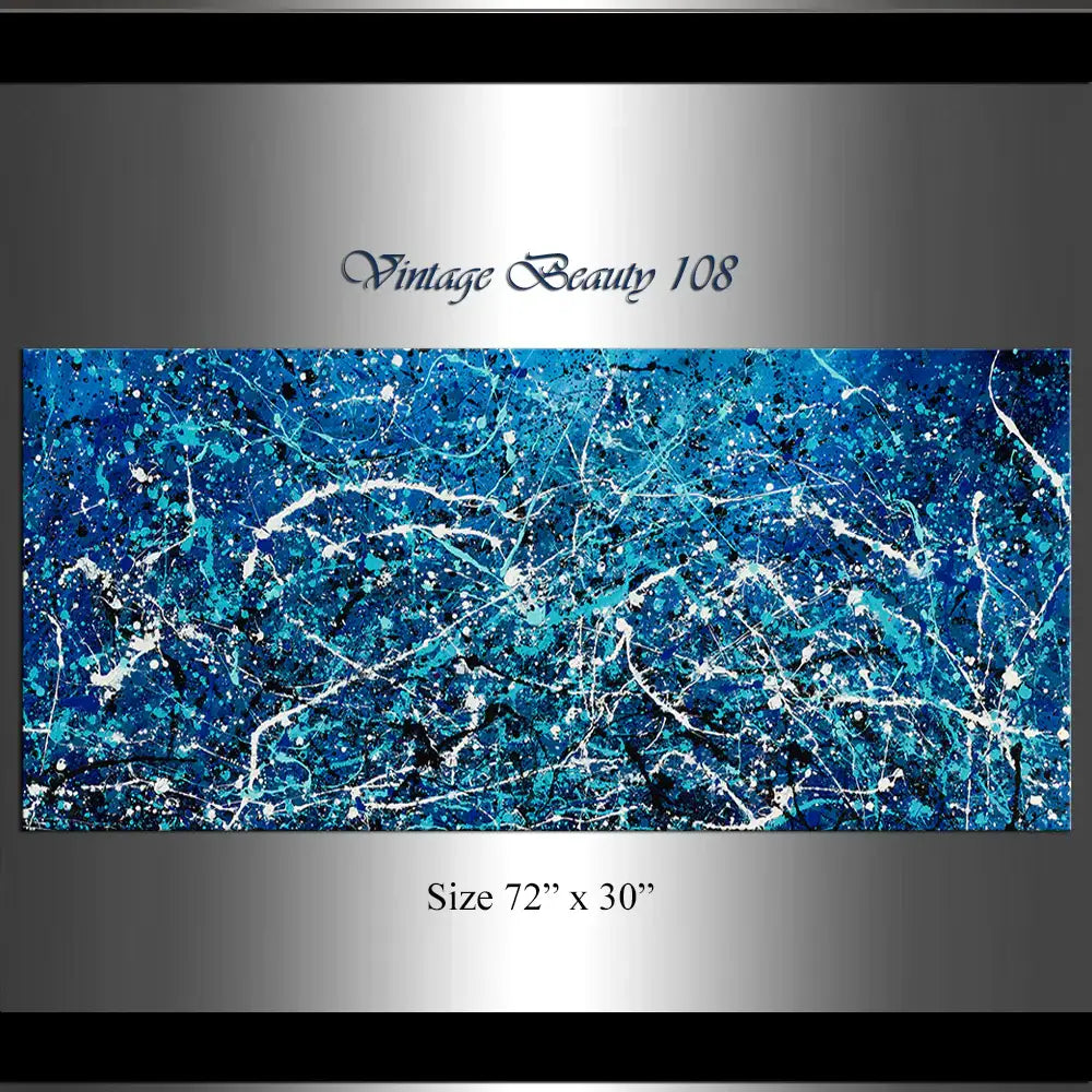 Florida Wall Art, Blue Painting, Original Artwork - Vintage Beauty 108 abstract blue splatter painting, 72 x 30 original artwork