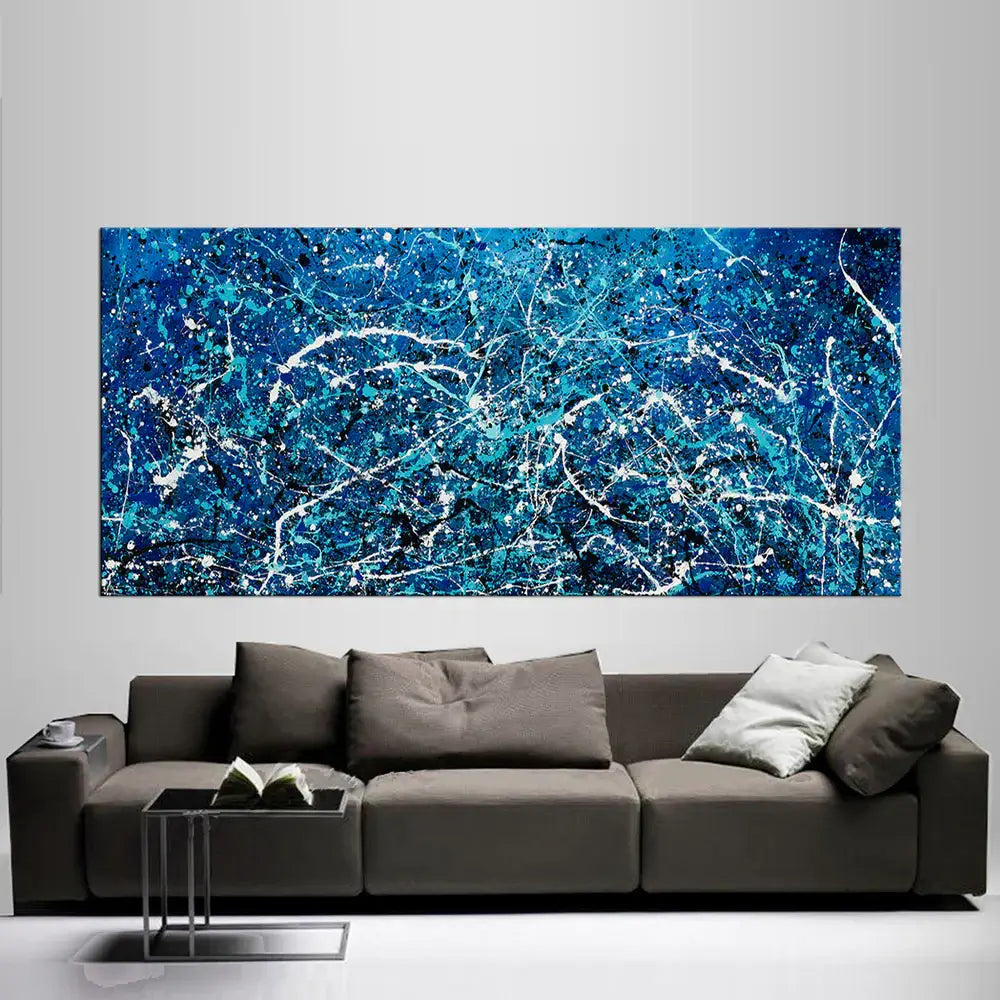 Florida Wall Art, Blue Painting, Original Artwork - Vintage Beauty 108 abstract blue splatter canvas wall art above modern gray sofa
