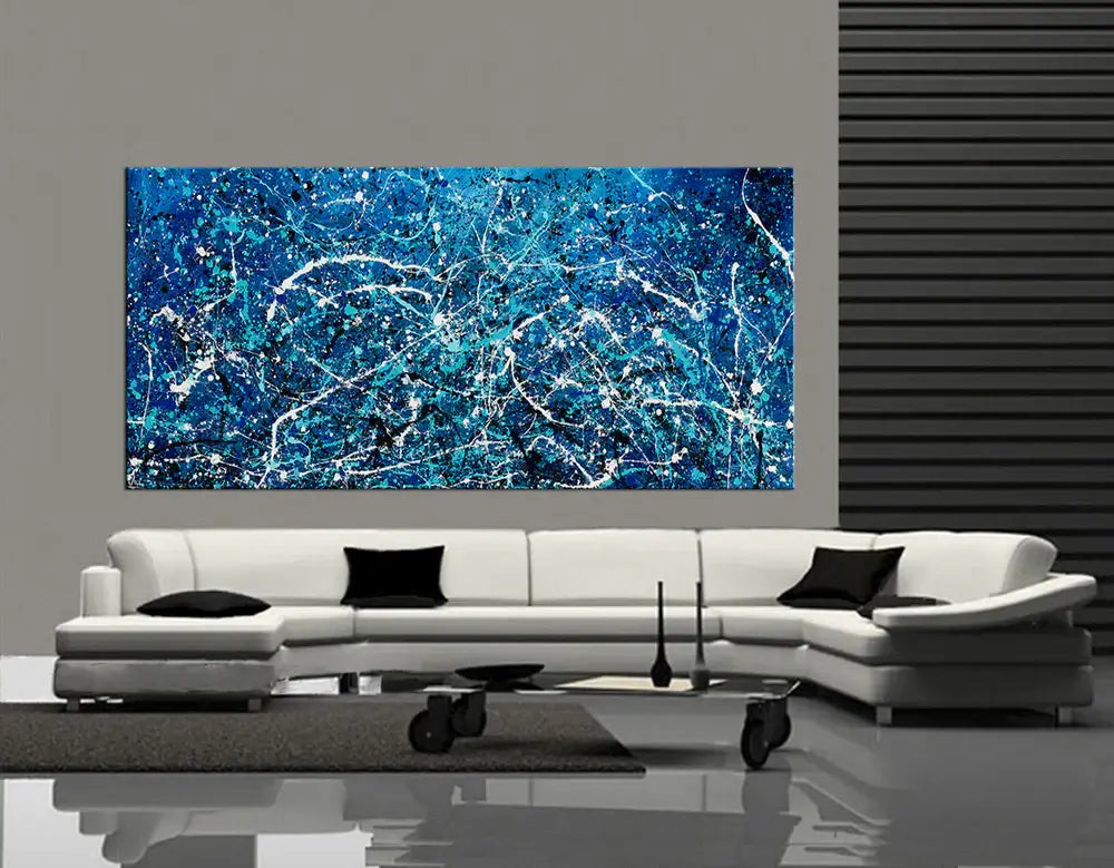 Florida Wall Art, Blue Painting, Original Artwork - Vintage Beauty 108 abstract blue splatter painting on living room wall