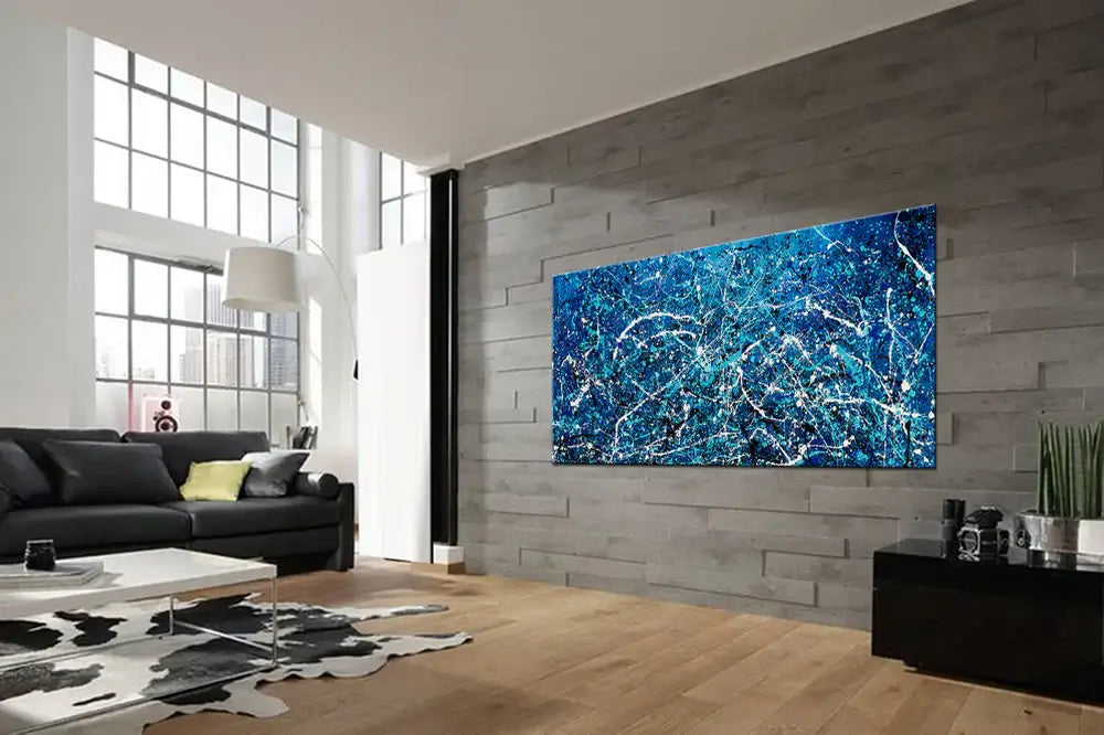 Florida Wall Art, Blue Painting, Original Artwork - Vintage Beauty 108 blue abstract painting on modern living room wall with custom framing