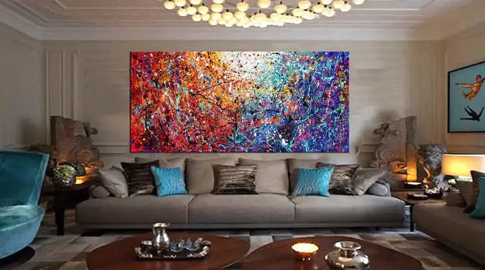 Textured Abstract Art featuring vibrant colors and bold patterns in a modern living room setting.