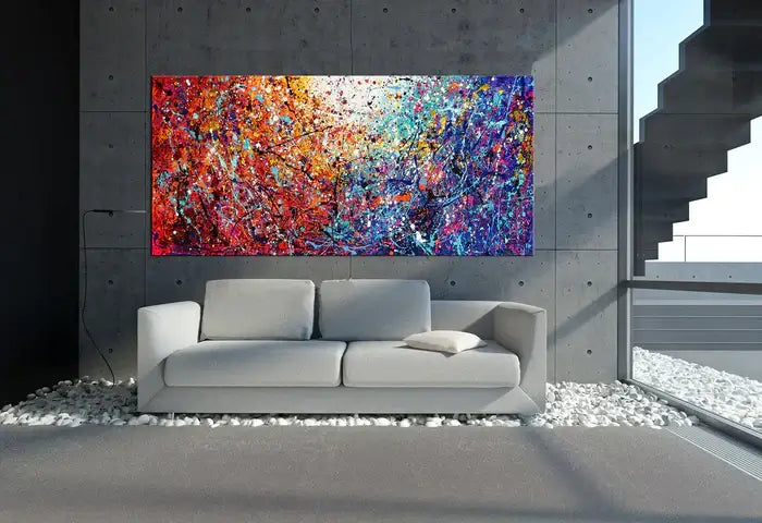 Abstract Angel Paintings in Jackson Pollock style, showcasing Textured Abstract Art in a modern living room.
