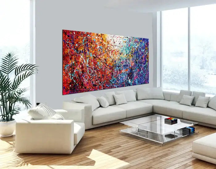 Jackson Pollock Red Painting displayed in a modern living room, showcasing abstract art on the wall with vibrant colors.