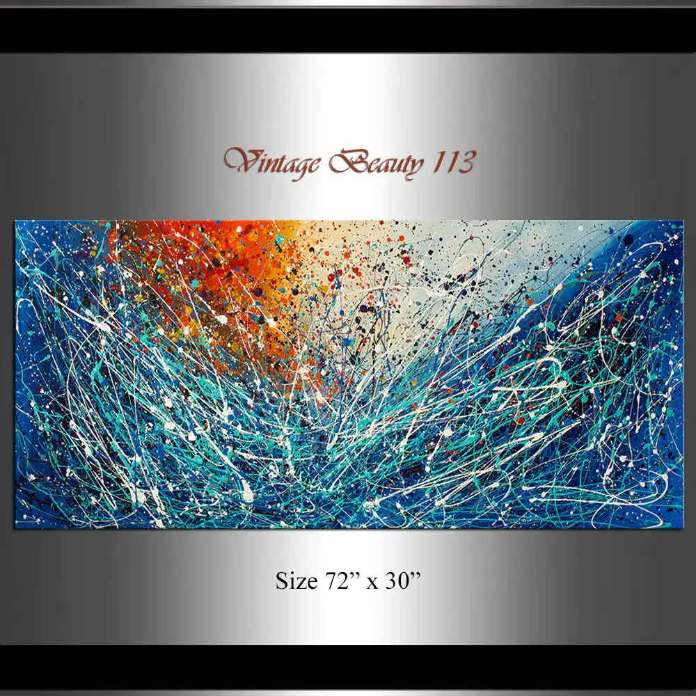 Geometric abstract art painting titled Vintage Beauty 113, hand-painted, size 72'' x 30'', featuring vibrant colors and dynamic lines.