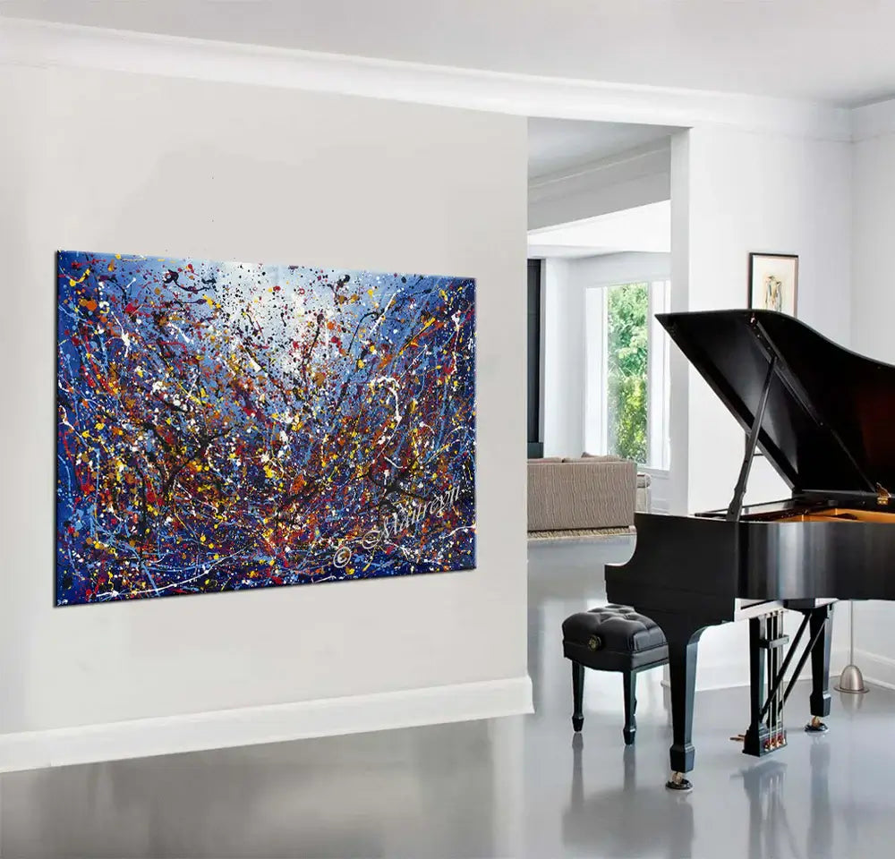 Painting Jackson Pollock Art displayed in a modern living room with a piano, showcasing vibrant abstract drip style.