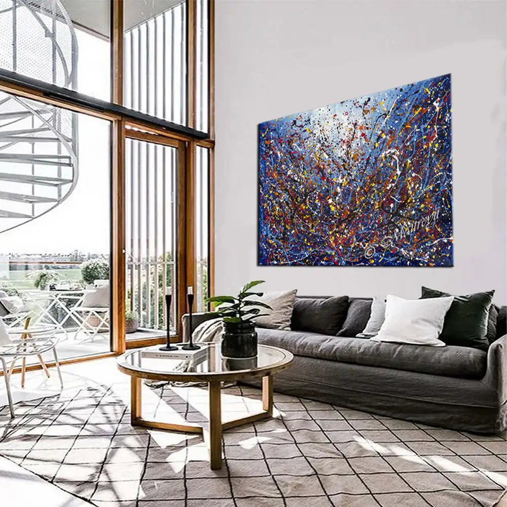 Painting Jackson Pollock Art displayed in a stylish living room setting, showcasing vibrant abstract drip art.