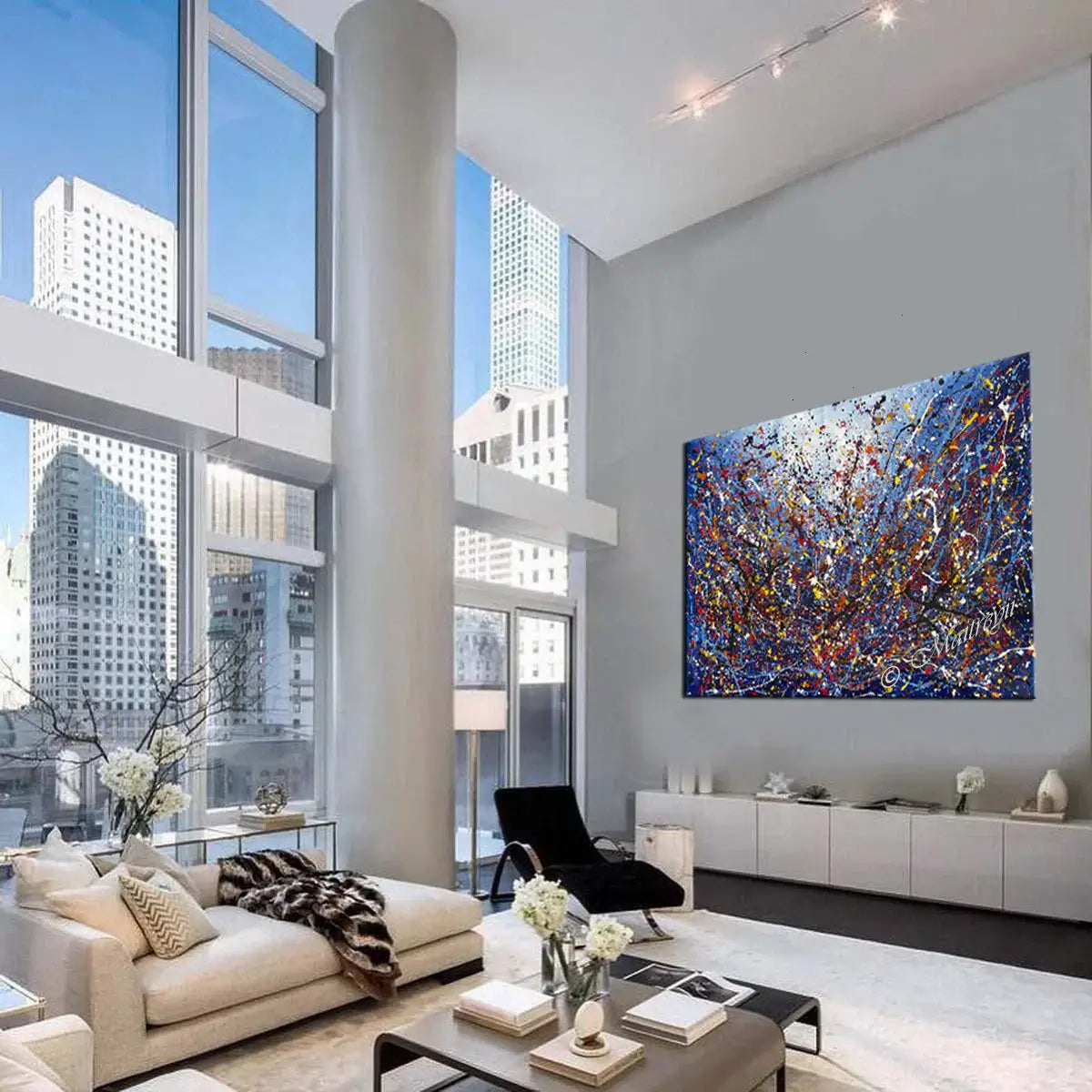 Painting Jackson Pollock Art on display in a modern living room, showcasing vibrant abstract drip art style.
