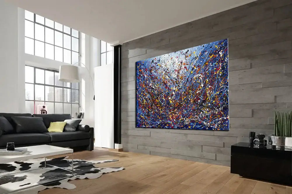 Painting Jackson Pollock Art displayed in a modern living room with stylish decor and ample natural light.