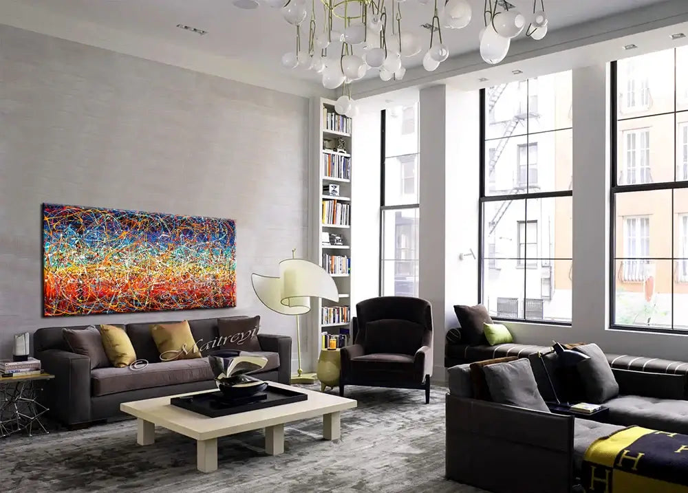 Jackson Pollock Style artwork displayed in a modern living room with vibrant colors and stylish furniture.