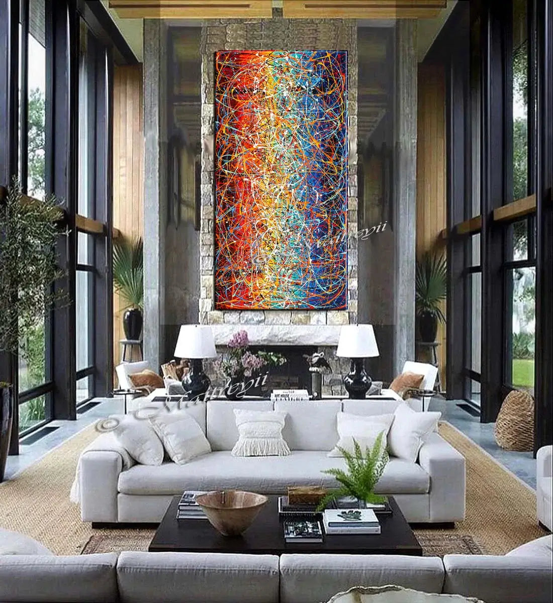 Jackson Pollock Style artwork displayed in a modern living room, showcasing vibrant colors and abstract drip art.