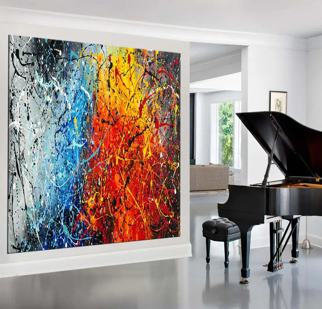 Jackson Pollock Style artwork wall painting in vibrant colors, complementing a modern piano in an elegant living space.