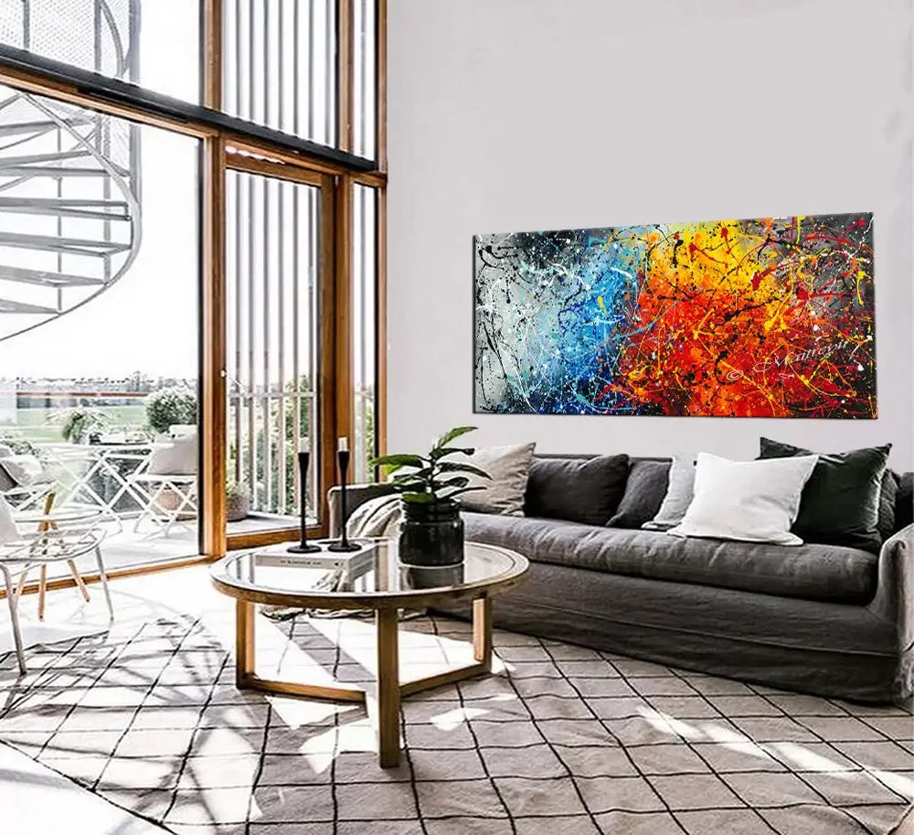 Jackson Pollock Style artwork wall painting displayed in a modern living room with elegant decor and natural light.