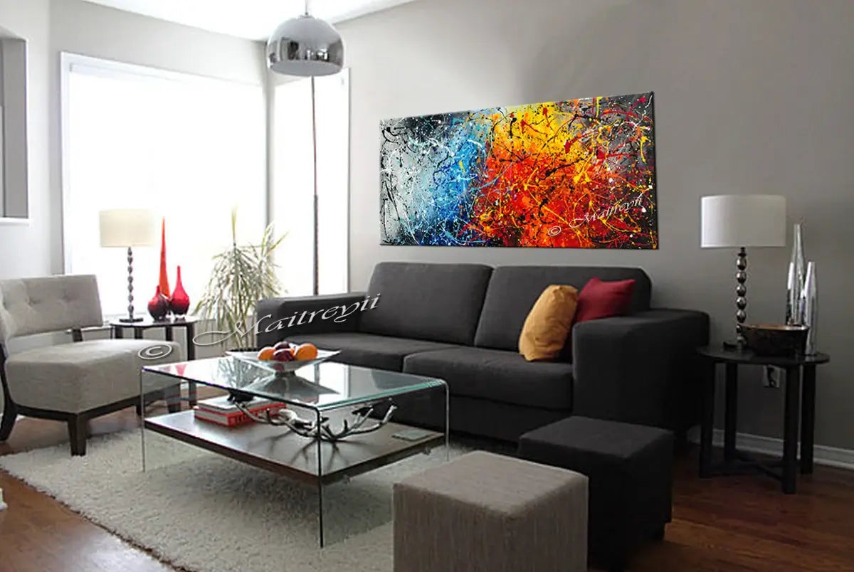 Jackson Pollock Style artwork displayed in a modern living room, adding vibrant color and abstract beauty to the wall.