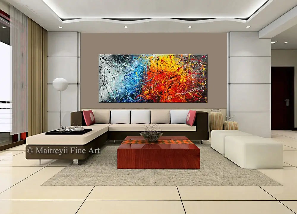 Jackson Pollock Style artwork wall painting in a modern living room setting, vibrant abstract art by Maitreyii.