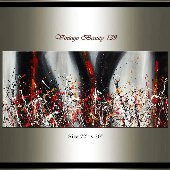 Painting Jackson Pollock Drip Style Abstract art in vibrant red and black, Vintage Beauty 139, 72" x 30" size