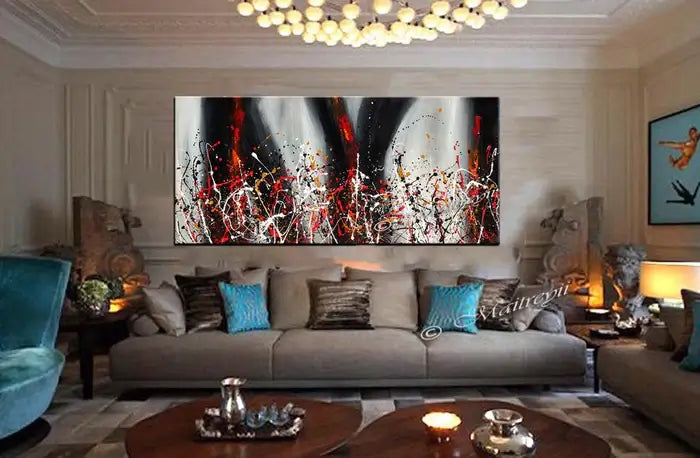Painting Jackson Pollock Drip Style Abstract art in a modern living room setting, showcasing vibrant colors and dynamic textures.