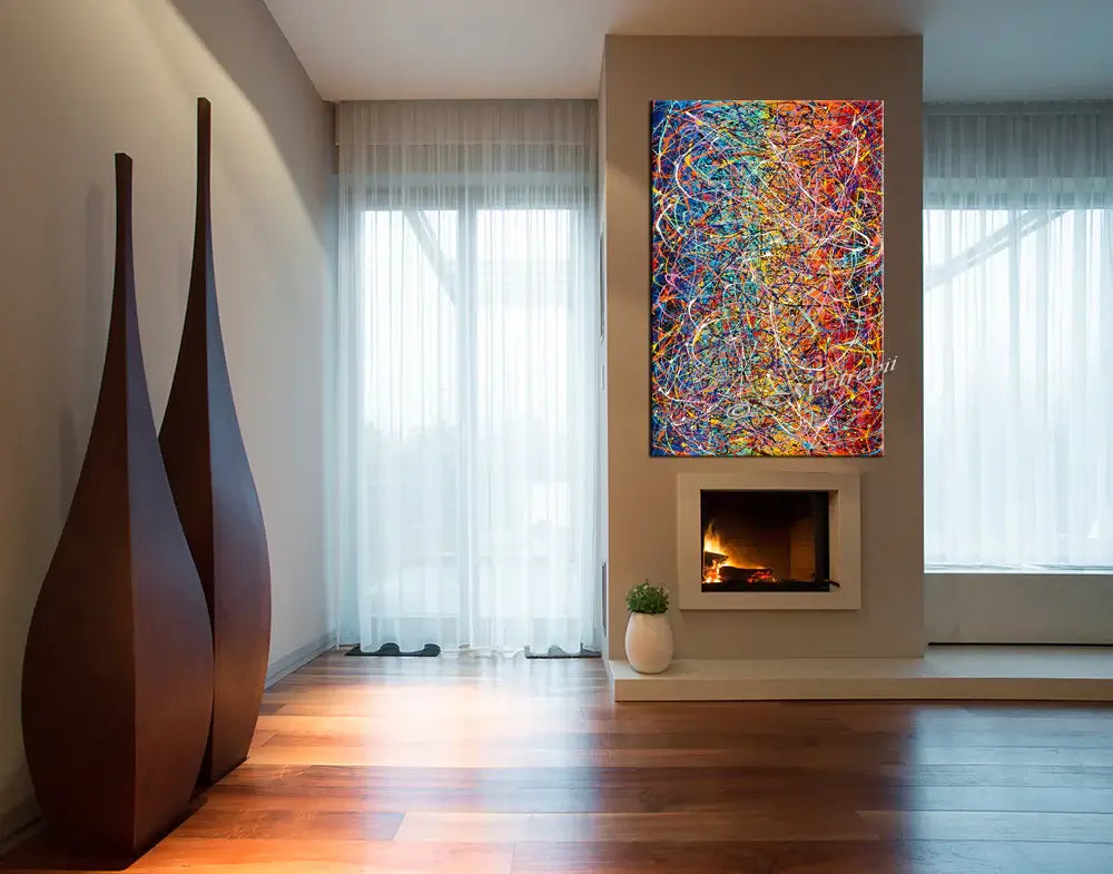 Jackson Pollock Style Art displayed in a modern living room with large windows and stylish decor.