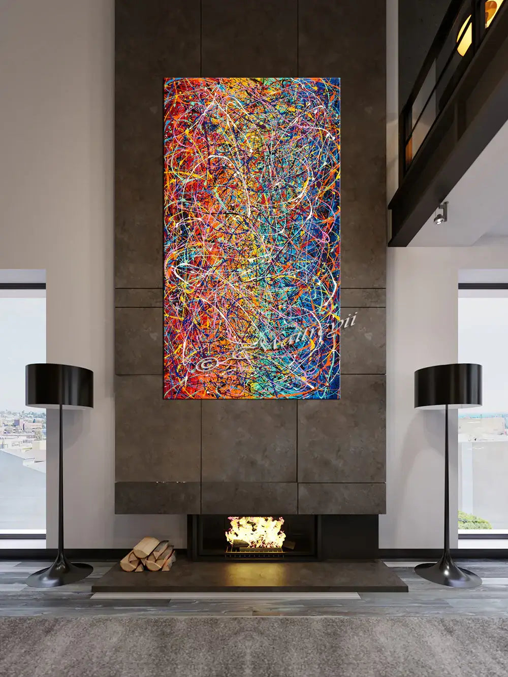 Painting Jackson Pollock displayed in a modern living room above a fireplace, showcasing vibrant colors and abstract drip style.