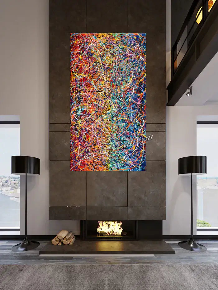 Jackson Pollock Art displayed above a modern fireplace, featuring vibrant colors and dynamic abstract patterns.
