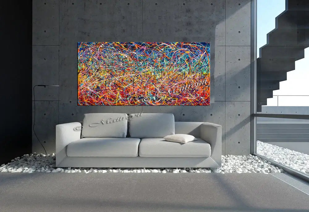 Jackson Pollock Canvas Art displayed in a modern living room, showcasing vibrant drip style wall décor.