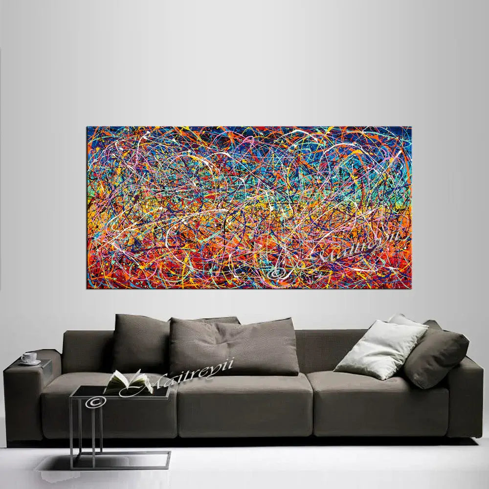 Jackson Pollock Style Art displayed above a modern grey sofa in a stylish living room setting.