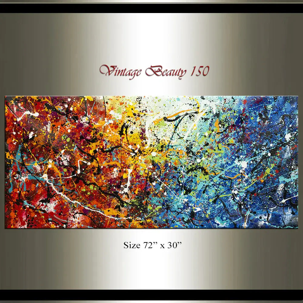 Abstract Jackson Pollock handmade drip painting titled Vintage Beauty 150, vibrant colorful canvas art 72" x 30".