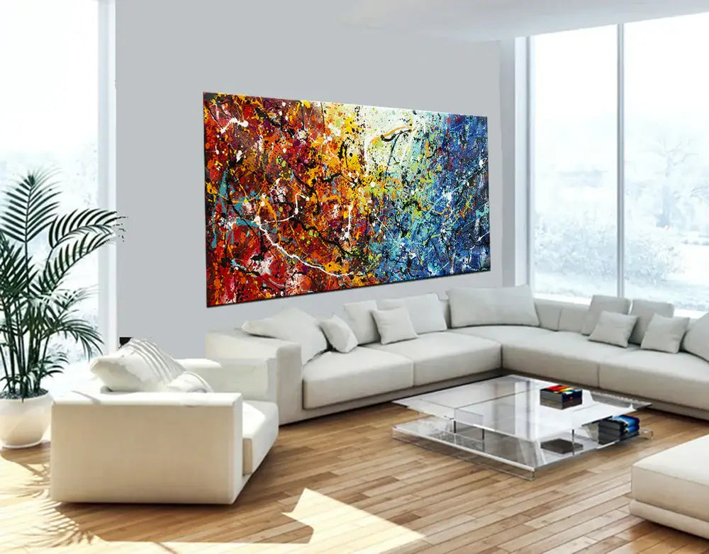 Abstract Jackson Pollock - Handmade drip painting displayed in a modern living room setting.