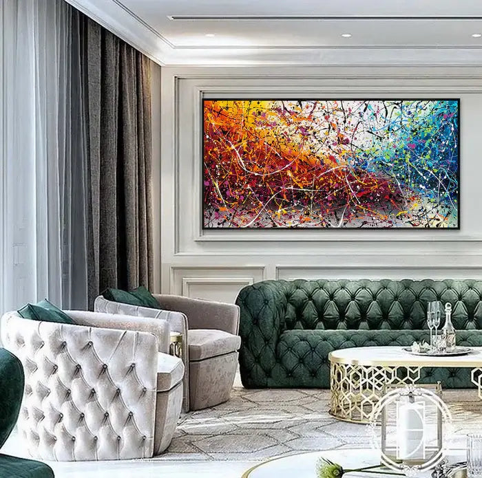Painting Jackson Pollock Multiple Size hanging in modern living room with elegant furniture and vibrant colors.