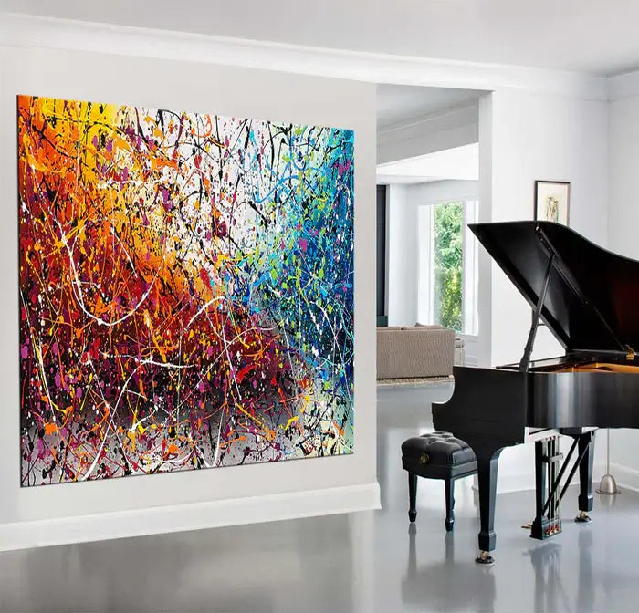 Painting Jackson Pollock Multiple Size showcased above a piano in a modern living room, featuring vibrant drip art.