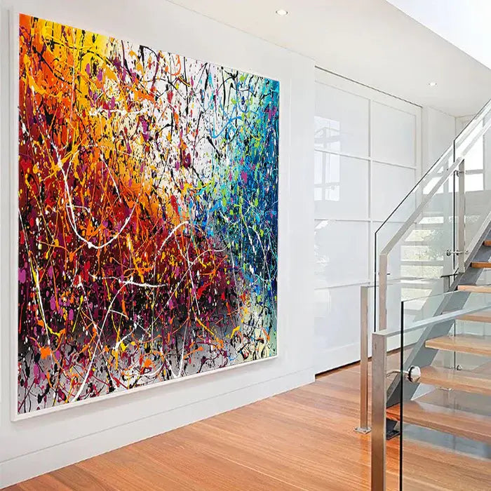 Painting Jackson Pollock Multiple Size on a modern wall in a stylish home interior, showcasing vibrant colors and abstract artistry.