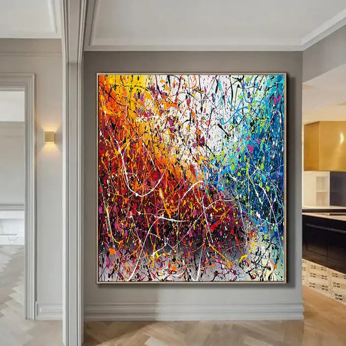 Painting Jackson Pollock Multiple Size displayed in a modern home interior, showcasing vibrant drip art and abstract design.