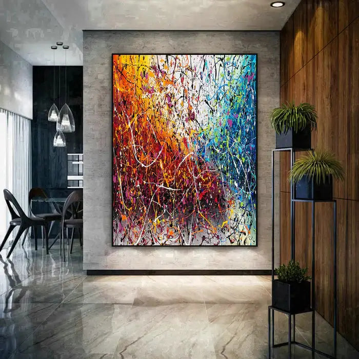 Painting Jackson Pollock Multiple Size in a modern interior setting, showcasing vibrant colors and abstract drip art.