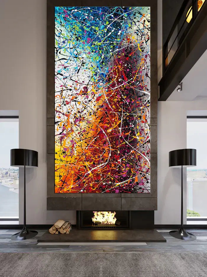 Painting Jackson Pollock Multiple Size displayed above a modern fireplace, showcasing vibrant colors and abstract drip art.