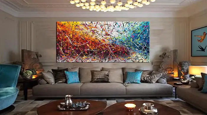 Painting Jackson Pollock Multiple Size displayed in a stylish living room, showcasing vibrant colors and abstract drip art.